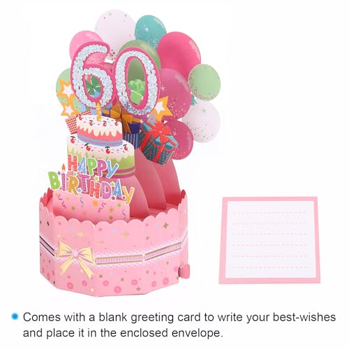 60e verjaardagskaart, Pop Out verjaardagskaart grappig gelukkig verjaardagskaart zoet 3D met wenskaart en envelop voor vrouwen meisje jongen mam geschenk beste vriend decoratie, roze 3