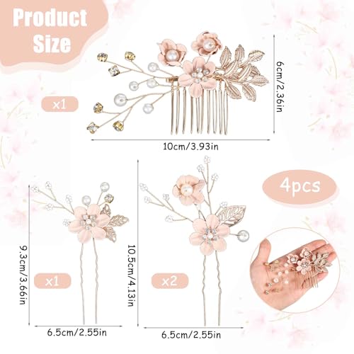 Bruids Kammen Bruiloft Roze bloemen Rhinestone Haar Clip Crystal Haar accessoires Parels Headdress Updo voor vrouwen meisjes feestbal bruidsmeisjes 3