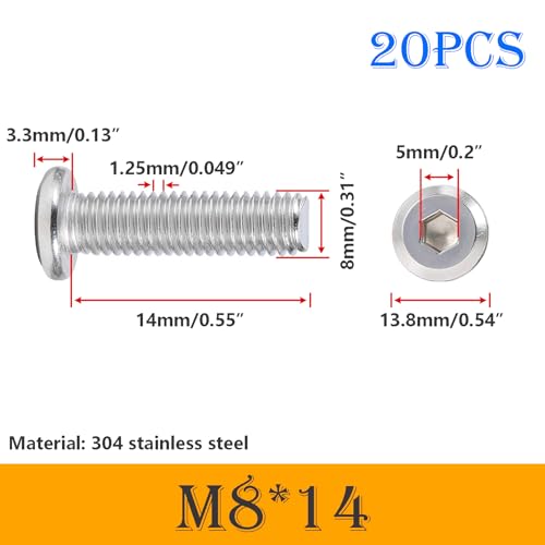 Verpakking van 20 304 RVS M8 x 14 mm RVS Flat Head Schroeven Hex Head Schroeven Volledige Thread