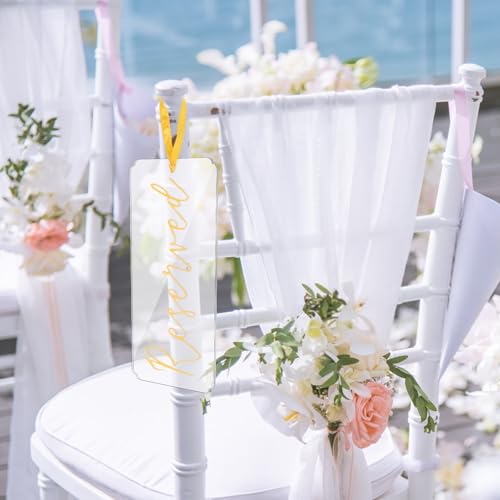 6 st Gereserveerde platen voor bruiloft stoelen, Hangen Gereserveerde acryl platen met lint voor bruiloften Belangrijke evenementen Restaurants Pews en stoelen (Goud) 4