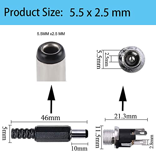 5.5mm x 2.5mm DC mount stopcontact, 12 x DC holle stekkers met soldeeraansluiting, 5.5mm x 2.5mm 12x DC stekker + 12x rubberen beschermkleppen, voor audio/video/mobiel