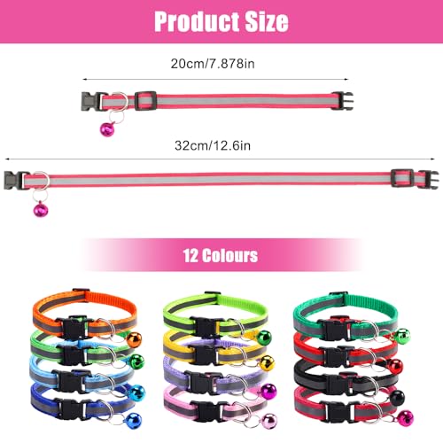 Verpakking van 12 Reflectieve Kattenhalsband, veiligheidssluiting, verstelbare lengte 20 cm - 32 cm, zachte, huidvriendelijke Kattenhalsband met klokken voor alle Katten en Puppies (12 kleuren)