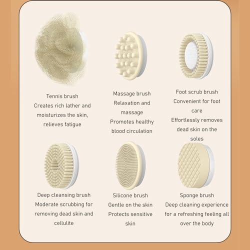 Oplaadbare elektrische badborstel, 360 graden draaibaar, 6 massage koppen, non-slip, 1200mAh Batterij voor eenvoudige terug Scrub en massage