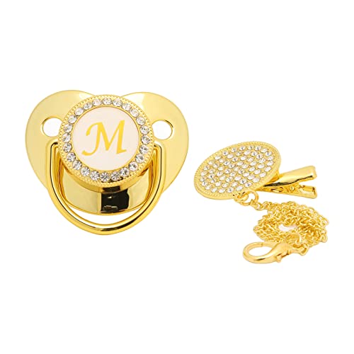 Gold Baby Pacifier, Gepersonaliseerde gebogen ontwerp 26 letters Veilige materialen Gezonde Bling Baby Pacifier Essentials voor pasgeborenen met Clips voor 6 tot 18 maanden Baby(M)