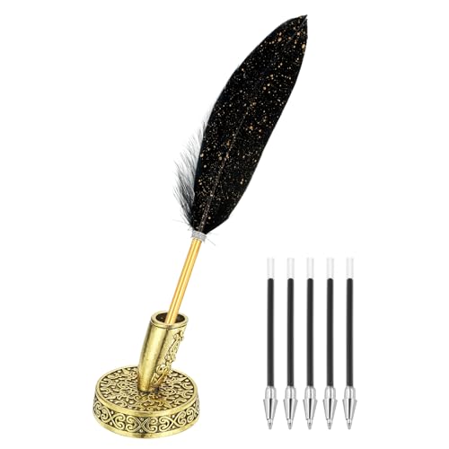 Black Feather Ballpoint Pennen Bulk, metalen houder Zwarte inkt Vintage Quill Schrijven Pennen met 5 stuks vullen voor Office, bruiloft handtekening
