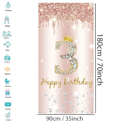 3rd Birthday Girl Decoration, Happy 3rd Birthday Deur Banner Rose Gold, 3rd Birthday Fabric Sign Poster Deur Decoratie, 3rd Birthday Achtergrond Banner, Birthday Party Welkom Sign