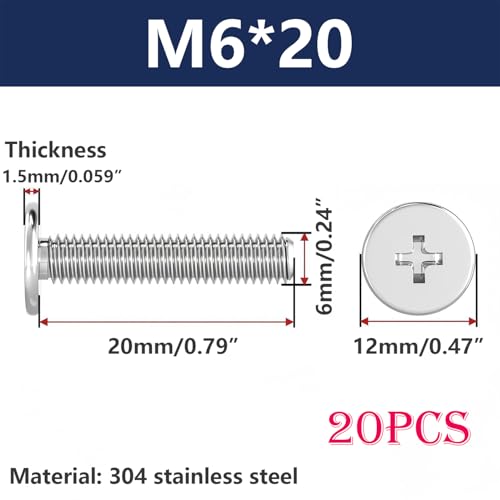 20 st M6 x 20mm dunne platte kopschroeven, roestvrij staal 304 Phillips Schroeven, Machineschroeven, Volledige draad