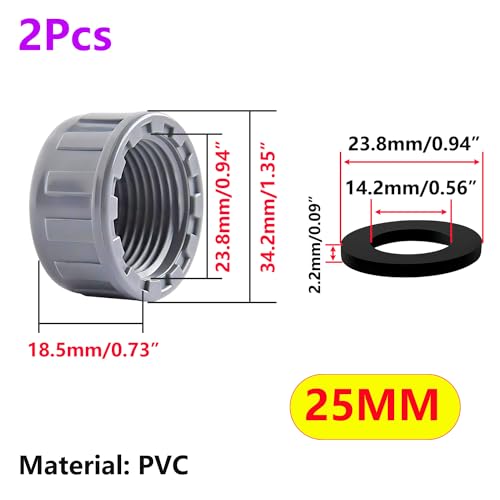 2 stuks PVC schroefdopjes, 25 mm, ronde vrouwelijke draad, slangconnector, met rubber afdichtingen, blindpluggen voor pijpeinden