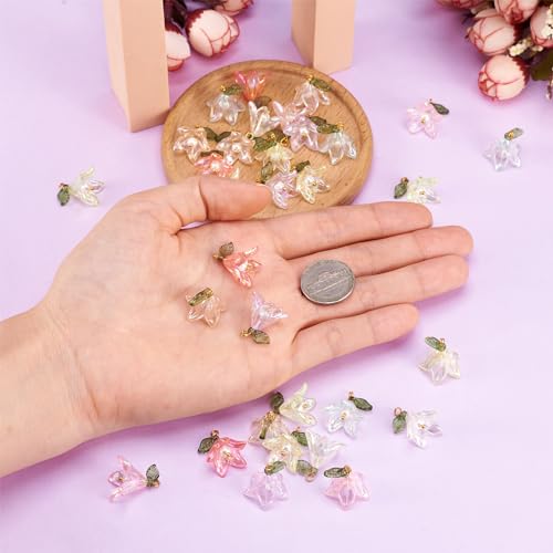 Lily bloem bedels met parel kralen groen blad bloem acryl hangers bloemblaadjes bungelen bedels voor DIY ketting oorbellen sieraden maken, 32 stukken, acryl, acryl 5