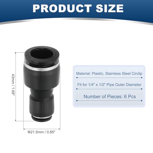 6 st Straight Union Push to Connect Fitting, 1/4" x 1/2" OD Tube Reducer Connector Quick Push Lock Adapter Luchtslang Fitting voor Pneumatische Systeem Pijpaansluiting, Zwart