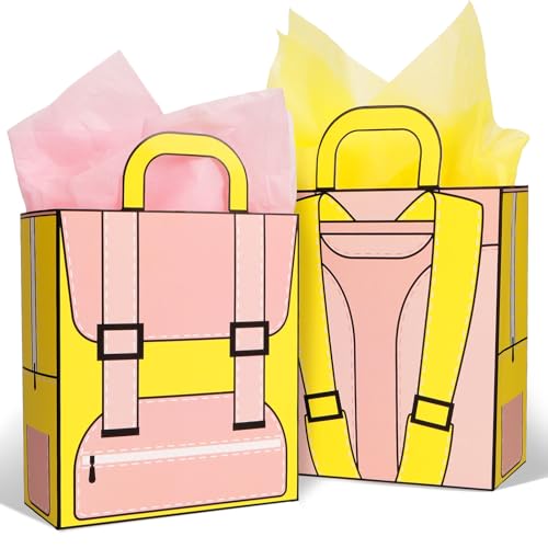 Geschenkzakjes voor de eerste schooldag - 10 stuks papieren zakken met motief en zijdepapier -geschenkverpakking voor de eerste schooldag (roze)