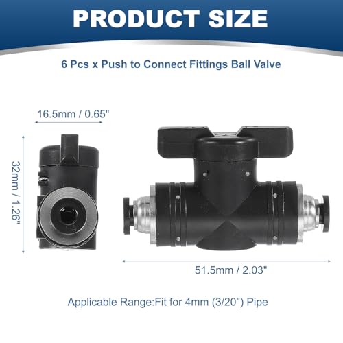 4mm(3/20") Push-to-Connect Fittings Ball Valve, 6sts 0-60 graden BUC Luchtstroomregelventiel, Quick Coupling, Luchtslang koppeling voor Pneumatische Systeem Pijpleiding, Zwart
