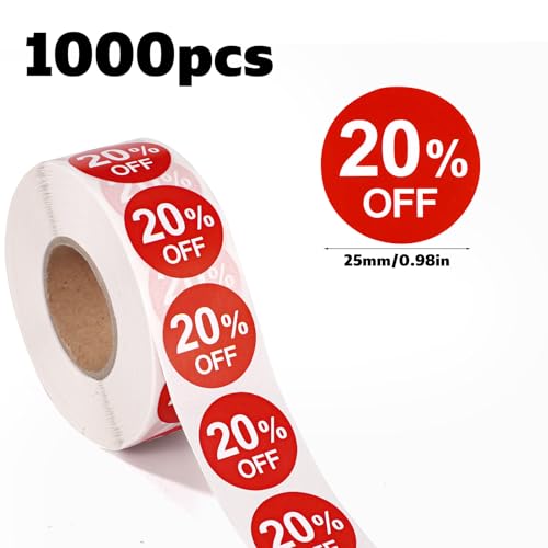 1000st 20% Kortingssticker, 25mm Ronde Zelfklevende 20 Procent Korting Stickers Praktische promotielabels Verkooplabels voor winkels Supermarkten (Rood)