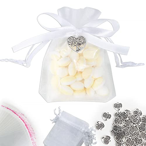 50st Boom van het leven Hangers, 50 stuks, Witte Organza Tassen, Plastic, Witte Band Voorkeuren voor Party, Doop, Communie, Baby Douche, Bruiloft, Verjaardag, Kinderen, 50 stuks