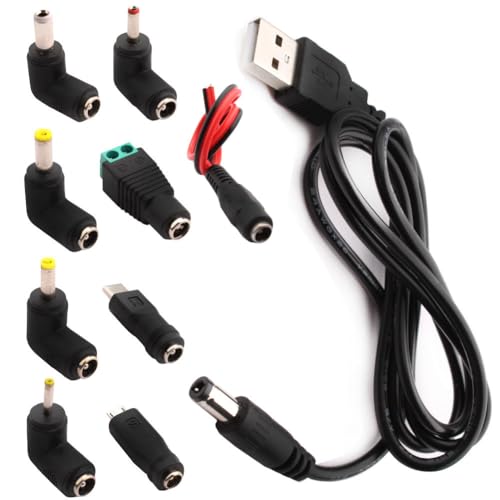 Universal USB to DC 5V Plug Cable, 9-in-1 USB A to Hollow Plug, DC Adapter Cable for Routers, Mini Fans, Speakers and Other 5V Devices (1m, Black)