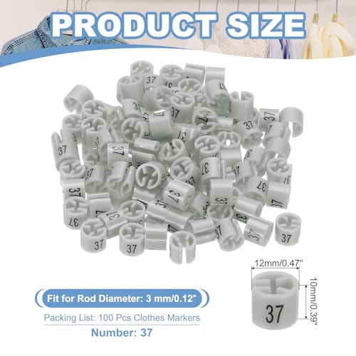 100Pcs Kleding Hanger Markers Nummer 37 Tags Fit 3mm Rod Garment Maat Tag Hanger Clips Ronde kleur Coding Label voor kleding Hangers, Grey
