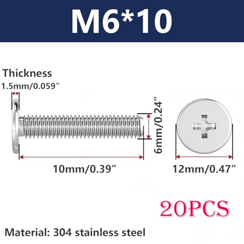 20 st M6 x 10mm dunne platte kopschroeven, roestvrij staal 304 Phillips Schroeven, Machineschroeven, Volledige draad