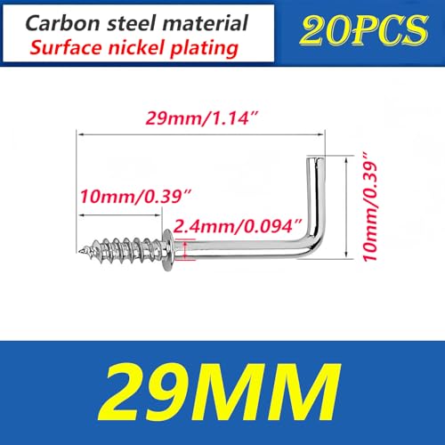 29mm L Haak Schroeven, Kleine Schroefhaken, Threaded Wall Hook, Rechterhoek, Plafondhaken voor Hangende Plant Decoraties, Pak van 20
