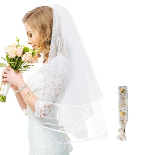Bruidsaccessoires, 3 stuks, witte bruid Veil met Comb, gouden bruid tatoeage, witte bruid armband, bruid vrijgezellenfeest Accessoires voor kippenfeest, bruidsdecoratie
