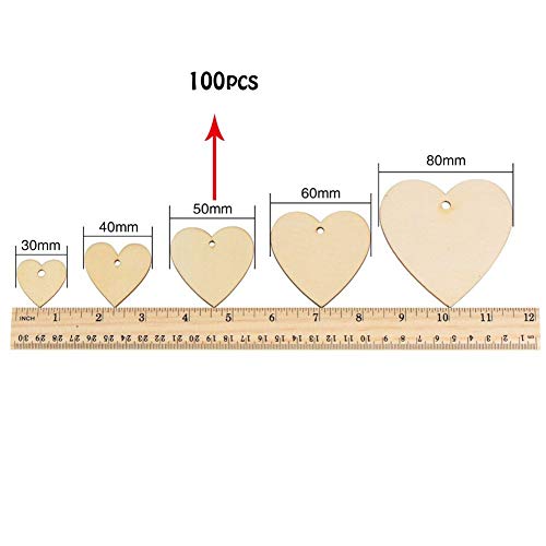 Hart houten schijven 5 cm, 100 stuks met 10 Metre Jute Cord - Houten hanger hart voor doe-het-zelf knutselen decoraties, natuurlijke houten schijven (100 stuks/50 mm)