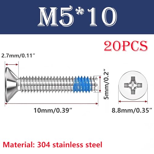 Verpakking van 20 kleine Phillips Countersunk Head Schroeven M5 x 10 mm 304 Roestvrij staal Doseerschroeven Anti-Loosening Niet-slip Volledige draadschroeven voor machineapparatuur en