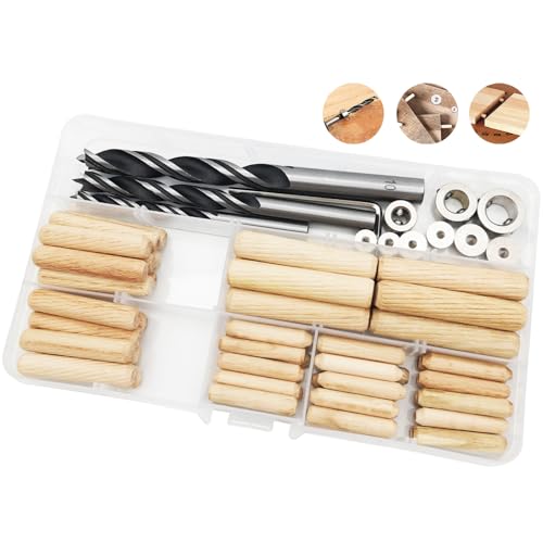 Houten deuvels en boorbits met 55 stuks houten deuvels, 6 stuks middenpunten, 3 boorbits en 3 stuks dieptestop voor ambachten, ambachten, houtbewerking