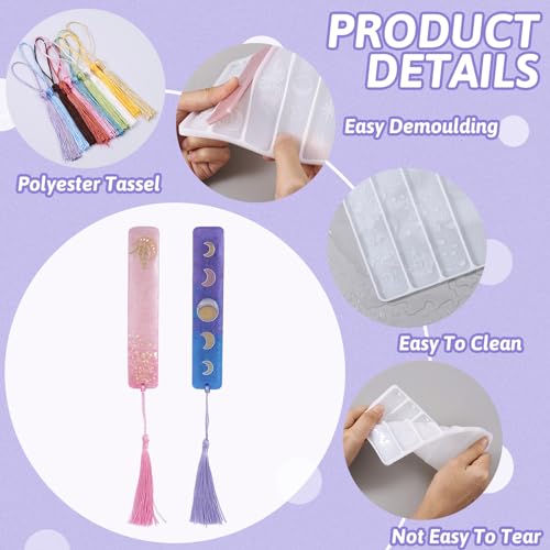 11Stuks Maan Fase Bladwijzer Siliconen mallen Rechthoek 3D het maken van bladwijzer vormen Ster UV-hars mallen met 10 stuks Tassels voor ambachten, sieraden het maken van decoratie 5