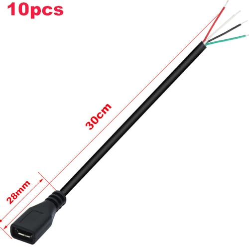 10 stuks Micro USB Pigtail Kabel, Micro USB Aansluiting op 4 Pin Blanco Kabel, 28 AWG 2A USB Plug, 4-Core USB Extension Kabel, USB Plug Soldering, voor DIY, 30 cm