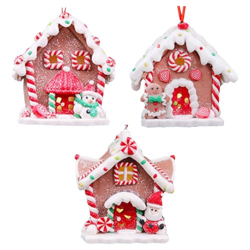 Set van 3 Kerstmis Home Ornamenten, Charmant Kersthuis met LED Lichtgevende Lichten, Zachte Keramische Decoratie Hanger voor Vakantie Feestelijke Decoratie (B)