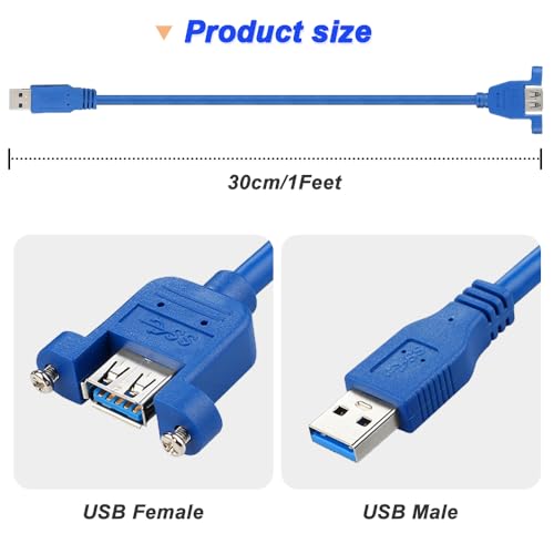 USB3.0 USB A Panel Mount Extension Cable, USB A Plug to Bushing for Charging and Data with Screwdriver, Screws (4 Pack)