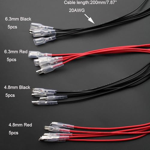 Set van 20 kabelslangen, 4.8 mm en 6.3 mm, platte stekkers, clipconnectoren, assortiment, geïsoleerde platte stekkers, kabelconnectoren met isolatiehuls en draad