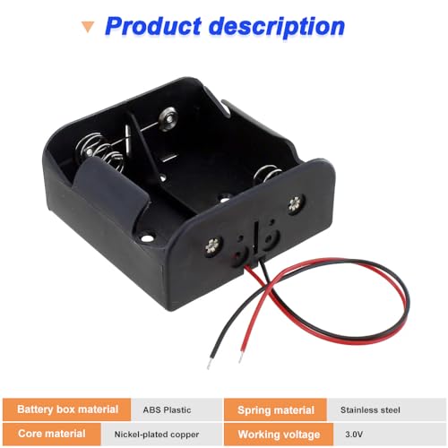 D-Zelle 2-Slot 2-Wire Battery Box, 70 x 70 mm, 3 V, met Crocodile Clips, Verpakking van 4