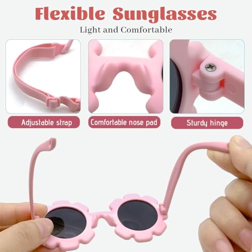 0-2 jaar Kids Cute Flower Baby Zonnebril met verstelbare band Flexibele Polarized Girls Zonnebril Nieuwgeboren zonnebril met zonnebril Compartiment en Kleding Roze, roze 3