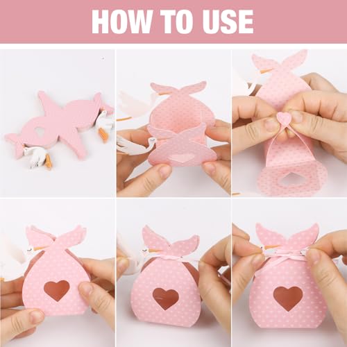 Verpakking van 50 Holk Cadeaudozen voor Geboortemeisjes - Pink Stork Cadeaudoosje met lint Cadeauverpakking Decoratie voor Party, Geboorte, Doop, Verjaardag, Meisje 4