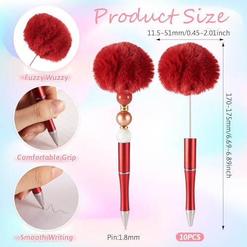 10Pcs Pom Pom Balpennen Rode Pluizige Kralen Pennen Plastic Kralen Pen Voor Geschenken Leerschool Kantoor Ambachtelijke Benodigheden 3
