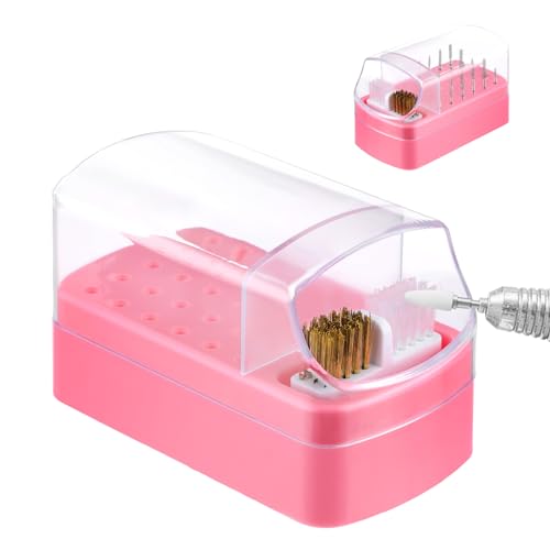 2 in 1 Nagel Boor Bits houder, 30 gaten stofdicht Nagel Bits Organizer Nagelborstel reinigen borstel geval stofdichte Nagel Art Boring Stand Display Opbergbox Cleaner Manicure Gereedschap (Roze)