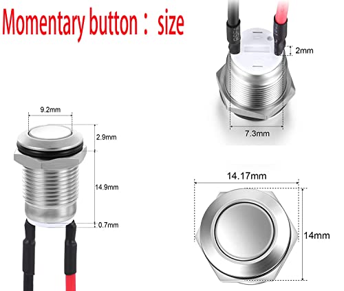 10 × Instantane waterdichte knopen, Roestvrij staal, rond, 12 mm, Pre-Wired, belknop 2 A/12 V/24 V/125 V/250 V (Flat Head) 3