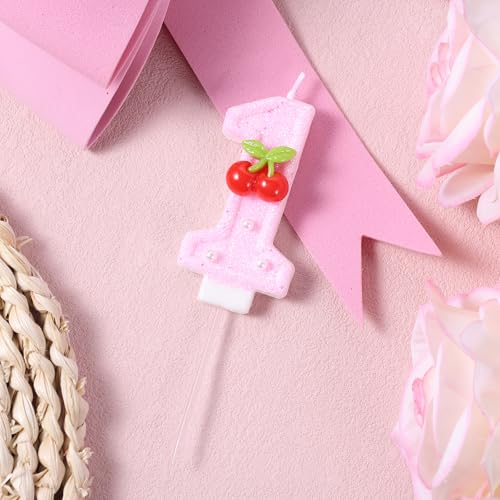 1e verjaardagskaars, Shiny Pink Number Candle Cute Cake Topper voor meisjes vrouwen eerste verjaardag decoratie verjaardag (Cherry B) 3