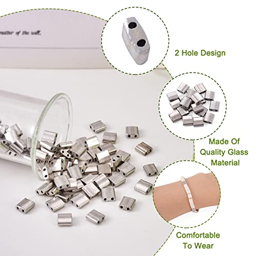 200st 2-Hole Galvaniseren Glazen Zaad Kralen Flat Tila Kralen Rechthoek Spacer Kralen Zilver Platte Transport Kralen voor sieraden maken Multi-Strand Armbanden DIY 3