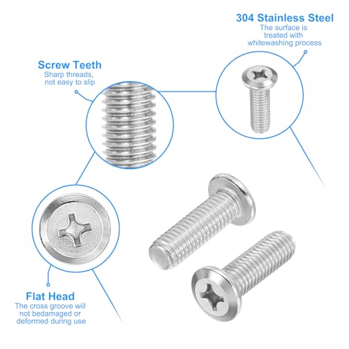 Lenskop Schroeven, Plat Pound Head, Phillips Schroeven, Pak van 8, M8-1.25x25 mm, Machine Schroeven, 304 roestvrij staal, 18-8, Volledige Thread Set voor Reparatie, Zilver 3