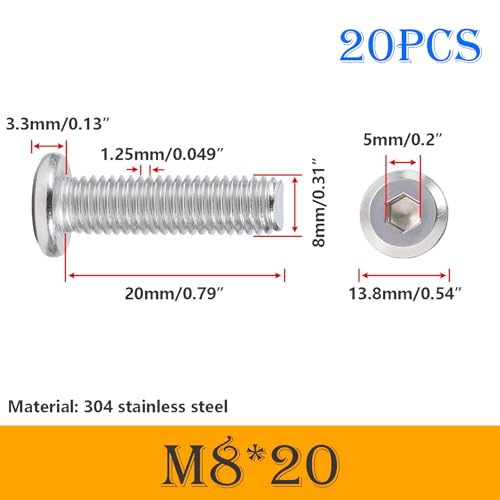 20 st M8 x 20 mm, Hex hoofdschroeven