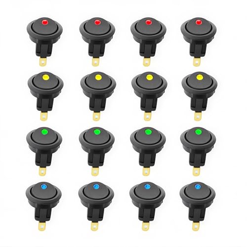 16 PCS Ronde Switch, Rocker Switch Knop, 12V 20A Autoronde Switch met LED display Switch Kantelschakelaar voor Car Boat (4 Rood 4 Groen 4 Geel + 4 Blauw)