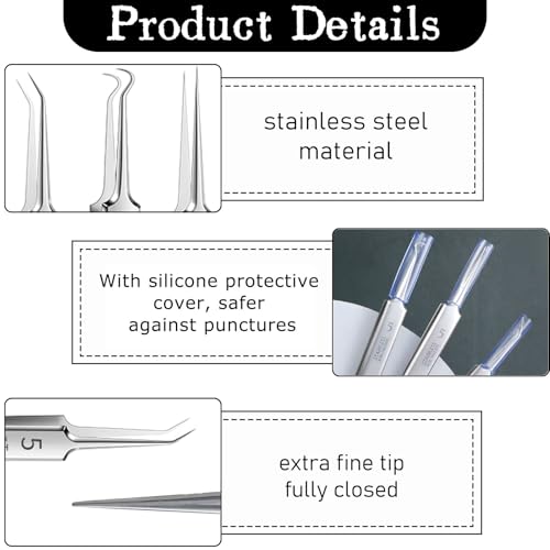 Blackhead Tweezers, 3 stuks, Roestvrij staal Professional Face Remover, Splint Tweezers, Pointed with Box, Pimple Expression Tools, Zilver 3