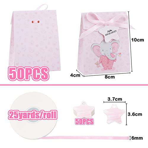 50 Olifant Cadeaudozen 8 x 4 x 10 cm Kleine tassen Roze Candy Cookies Chocolade voor Party, Communie, Doop, Baby Douche, Kinderfeest met Cord Labels
