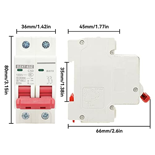1000V DC Miniature Circuit Breaker 50A 2P Din Rail Mount Home Overloadbeveiliging Luchtschakelaar voor Home Verlichting distributielijnen Zonne-PV-systeem DZ47-63Z C5