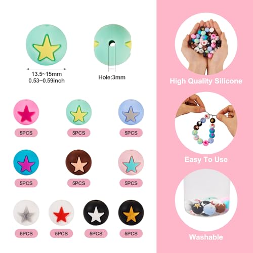 50 st Ronde Siliconen kralen met groot gat Rubber kralen 10 kleuren Star patroon Ronde Siliconen Focal kralen Dikke kralen voor DIY armband sieraden maken 4