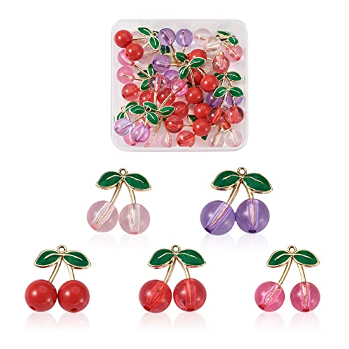Cherry Emaill Light Gold Plated Charm Hanger Hanger 5 kleuren schattig hanger ketting armband oorbellen ambachtelijk Set van 20