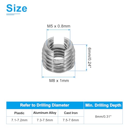 Zelftappende draad invoegen, 20 st M5 x M8 x 6 mm, draad invoegen 303 roestvrij staal, draadadapter, reducer, sleufschroef, reparatie invoegen