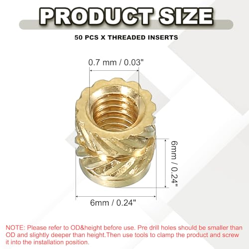 Thread Inserts M4 x 6 x 6 mm, Verpakking van 50 Messing Verwarming Inserts, Vrouwelijke draad Inserts, Metric Knurled Nut, Inbedding Nut voor Plastic en 3D Printing Components, Goud