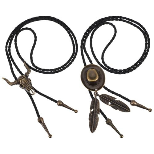 2 stukken Bolo Tie, Western Cowboy en Cowgirl Tie Vintage lederen Tie Handgemaakte hoed Veer ketting hanger voor mannen Vrouwen